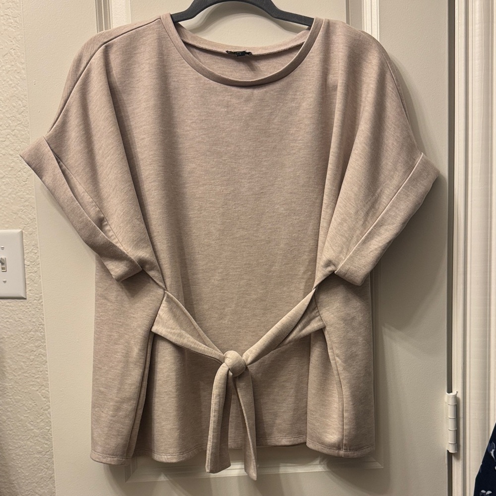 Express Light Beige Short Sleeve Tie-Front Top